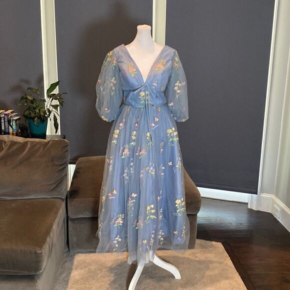 Women’s Blue Prom Party Dress Embroidered Flowers Butterflies Corset Back Size 4 - Picture 1 of 14